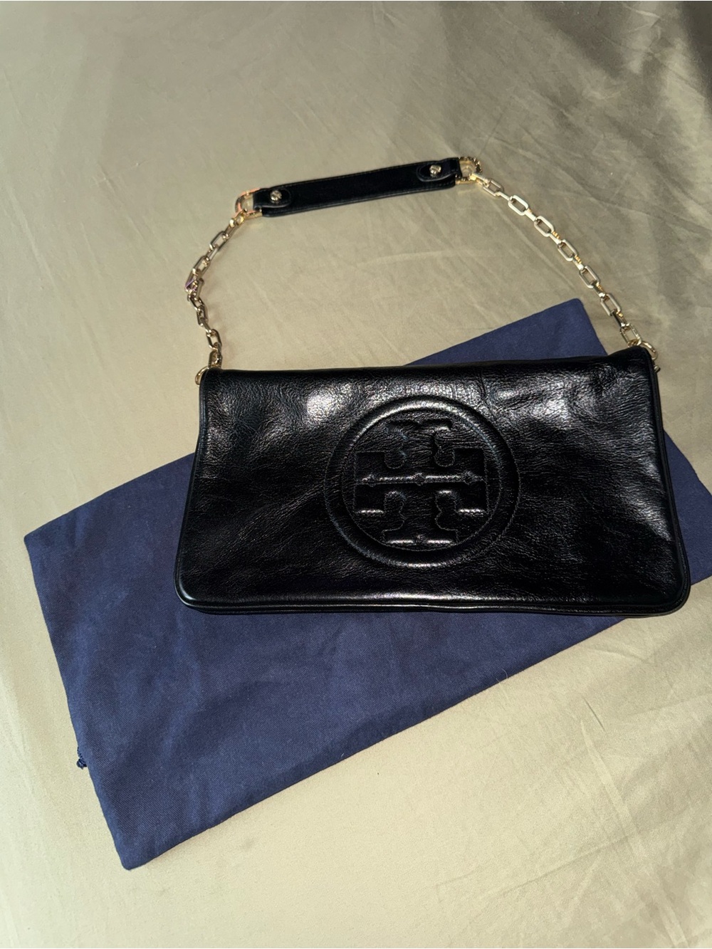 Tory Burch Black Leather Logo Chain-Handle Wristlet
